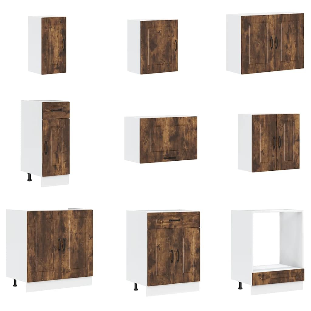 14-TLG Einbauküche Kalmar Räuchereiche 80×46×81,5 cm mit Spülen- & Eckunterschrank, Hängeschränken