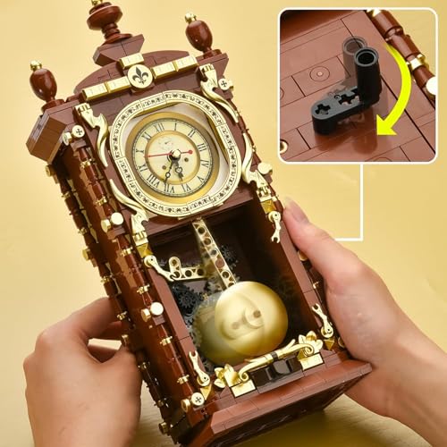 Image of SKY LINE OCEAN Vintage Swing Clock Building Blocks Set - 751 PCS Real Working Mechanical Clock with Alarm, Moving Pendulum, Rotating Dial, Electroplated Gold Finish | 6 Months Structural Warranty