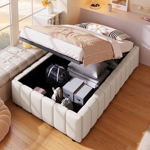 Fppuueg Cama 90x200 con Espacio de Almacenaje Hidráulica, Cama Infantil con Láminas de Madera, Camas Juveniles, Lino, Beige, Sin Colchón, Sin Cabecero