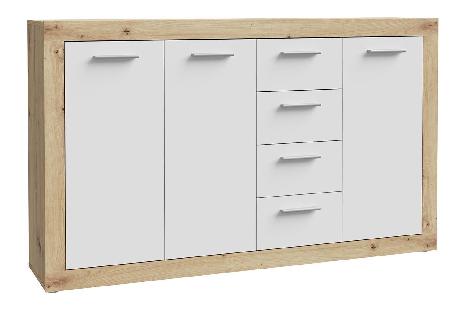 Forte BACCIO Sideboard 150, modernes Sideboard für Wohn-/Schlafzimmer, 3-türig, 4 Schubladen, Holzwerkstoff, Artisan Eiche Holzdekor|Weiß, 152,6 cm breit x 91,5 cm hoch x 34 cm tief