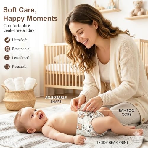 Image of GLUN Printed Reusable Baby Cloth Diaper Pack of 2, Multicolour Colour Cute Teddy Print, Comfort & Protection, Leakproof & High Absorption