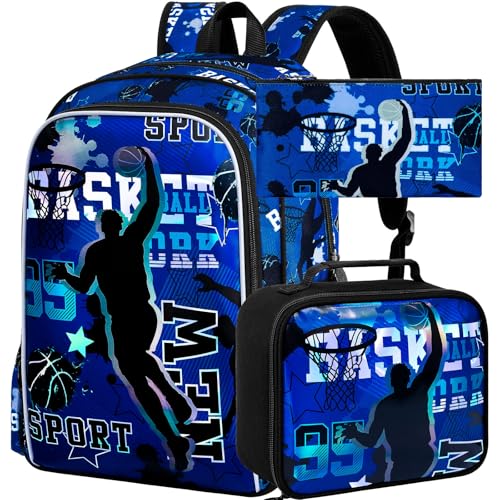 Image of AGSDON 3PCS Boys Backpack, 17 inch Basketball Kids Bookbag with Lunch Box, Backpacks with Water Resistant and Lightweight for Teenagers