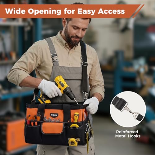 Image of 16-Inch Heavy Duty Tool Bag, 22 Pockets Empty Tool Box Organizer Storage, Soft Large Tote Toolbox Organization Portable Handle Carry Drill Toolbag for Handyman Home DIYer, Dad Men Gifts, Orange