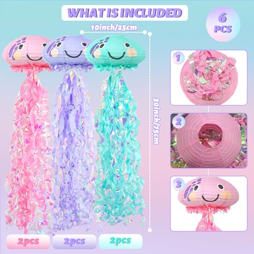 Image of Jelly Fish Paper Lanterns Set, 6Pcs Jellyfish Hanging Lantern for Mermaid Under The Sea Ocean Birthday Party Decorations Baby Shower Room Decor(6Pcs)