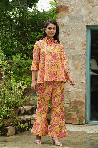 Leriya Fashion Rayon Printed Regular Stylish Ethnic Co Ord Designer Kurta Set For Women (Lf-W2146&Tr1113_Yellow_ErrorRef)