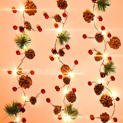 Rocinha 2 Stück Weihnachtsgirlande mit Lichtern, batteriebetrieben, 20 LEDs, rote Beeren-Kiefern-Girlande mit Lichtern, Prelit-Girlande, Innen- und Außenbereich, Weihnachtsdekoration Cover