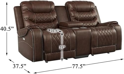 Miniatura 12 de Pemberly Row Sofá reclinable de doble planeador, portavasos de acero inoxidable, estación de carga, consola central, color marrón oscuro