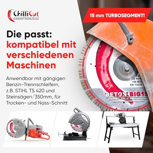 ChiliCut Big 15 Diamanttrennscheibe 350 mm x 30 mm – mit langlebigen Big 15-Segmenten für Beton, Pflastersteine und Naturstein – extra starke Premium Diamantscheibe für Nass- und Trockenschnitt