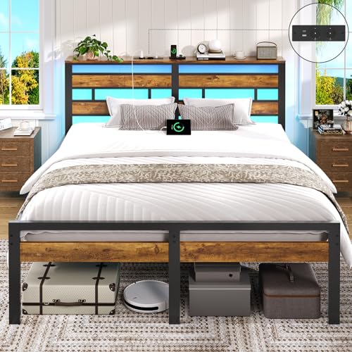 Brinlawb Cadre de Lit 160x200 avec Sommier Métal Lit 2 Personnes avec Lumières LED et Multiprise, lit Double 160x200 cm avec Étagère de Rangement, Cadre en métal,...