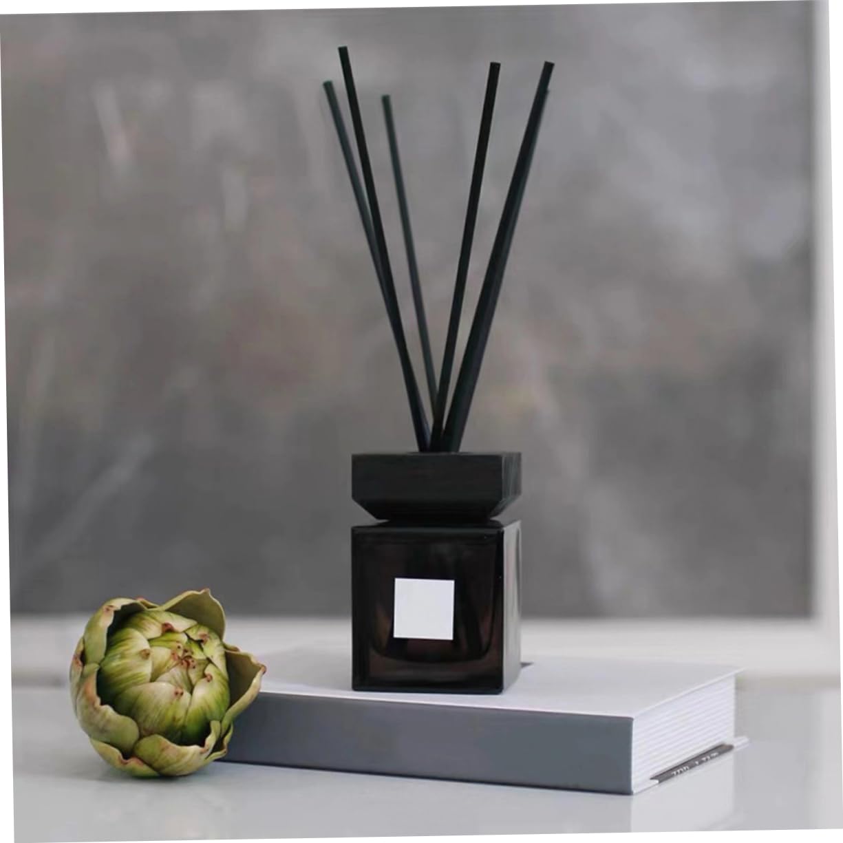 Diffusore in Vetro per Aromaterapia 200 Ml Coperchio in Legno e Bastoncini in Rattan, Flacone di Profumo Elegante per Casa, Bagno e Ufficio, Set Diffusori Oli Essenziali