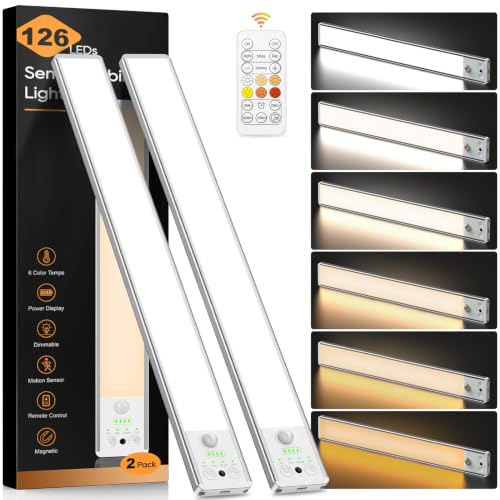 Image of 14.7 Inch Under Cabinet Lighting with Remote, 6 Color Temps Motion Sensor Light Indoor, LED Power Display Rechargeable Battery Operated Closet Light, Dimmable Under Counter Lights for Kitchen-2 Pack