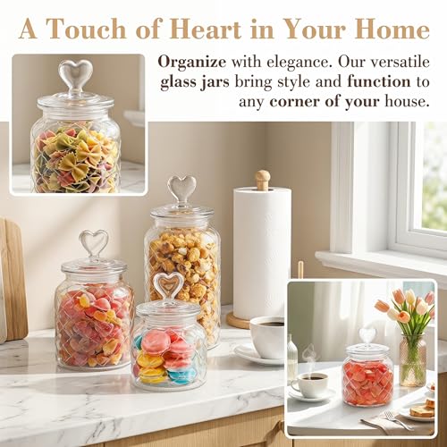 Image of Hiceeden Set of 3 Cute Glass Jars with Airtight Lids, Candy & Cookie Food Storage Containers with Heart-shaped Handle, Glass Canister with Grid Texture for Coffee Beans, Flour, Sugar, 22 /32 /45oz