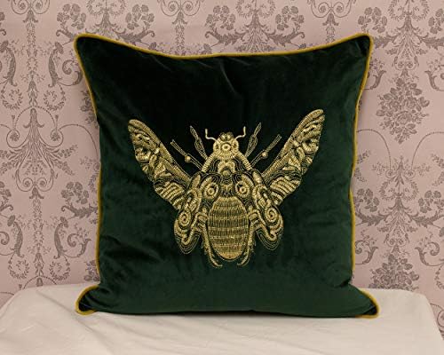 Riva Paoletti Cerana Cushion Cover - Emerald Green - Super Soft Velvet Fabric - Embroidered Gold Bee Design - Gold Piped Edges - 100% Polyester - 50 x 50cm (20" x 20" inches)