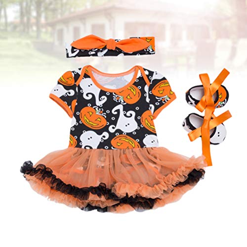Conjunto de 3 peças em 1 KesYOO de Halloween com estampa de abóbora, vestido de manga curta e sapato