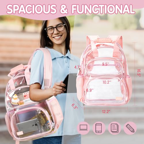 deli Clear Backpack for School, Heavy Duty PVC Transparent Bookbag for Boys and Girls, See Through Backpack for College Work Travel, Pink2
