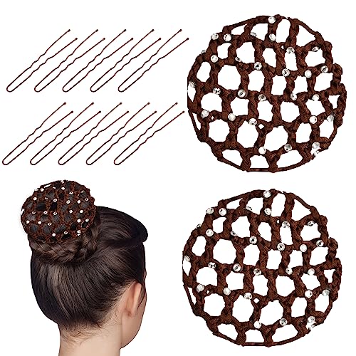 2 Pcs Filet à Chignon Invisible avec Strass, Filet à Cheveux avec 10 Epingles en Forme de U, Accessoires de Cheveux pour Danseuses de Ballet Gymnastique Sportive Infirmières Employées de Banque(Brun)