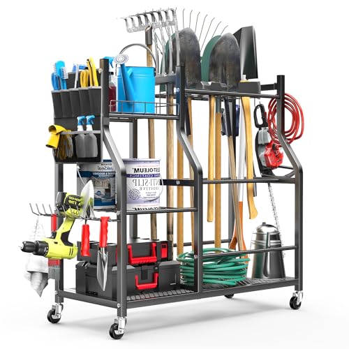 organizelink 36' Large Garden Tool Organizer with Wheels & Side Tool Bag, 3 Tier Rolling Garage...