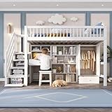 Su & Chan Legence High Sleeper Bed, Kids Single Bed with Desk and Wardrobe, Loft Bed with Storage Stairs and Shelves, No Mattress, 90 x 190cm, White