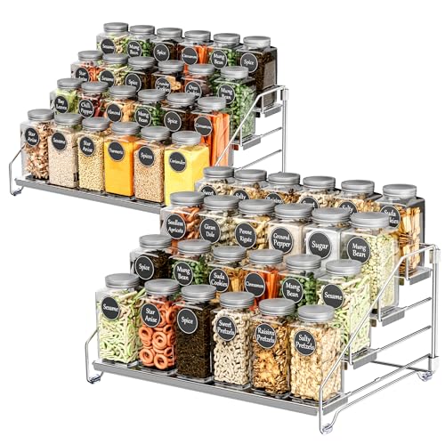 BOIVSHI Spice Organization for Cabinet, Adjustable Depth Spice Shelf | 4 Tiered Spice Rack for Cabinet, Metal Space Saving Spice Organizer for Countertop, Easy Access Spices – Chrome, 2 Pack