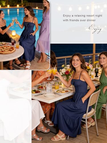 Image of Women's Casual Beach Vacation Dress with Pockets Flowy Aline Tiered Spaghetti Strap Lace Up Corset Midi Sundress for Summer