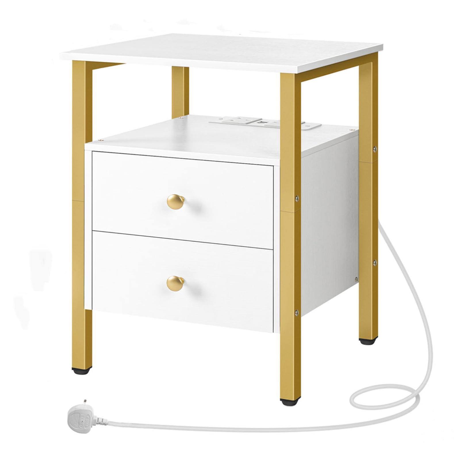 HOOBRO Bedside Table with Charging Station, Tall Nightstand Table for Bedroom, Modern Side Table with 2 Storage Drawers, Wooden Small End Table with Power Outlet, White and Gold EDW43KBZ01