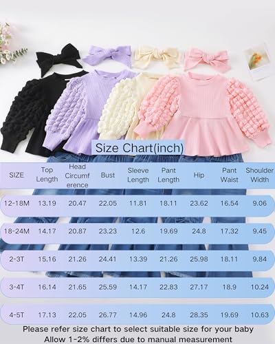 Renotemy Toddler Baby Girl Clothes Fall Winter Outfit Puff Bubble Sleeve Sweatshirt Denim Bell Bottom Jeans Matching Outfits3