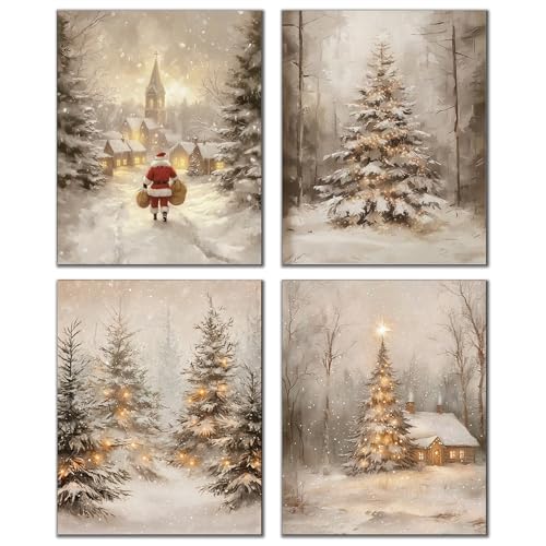 DOFQZ Winter Christmas Wall Art Prints Set of 4, Christmas Home Room Decor, Vintage Winter Xmas Pine...