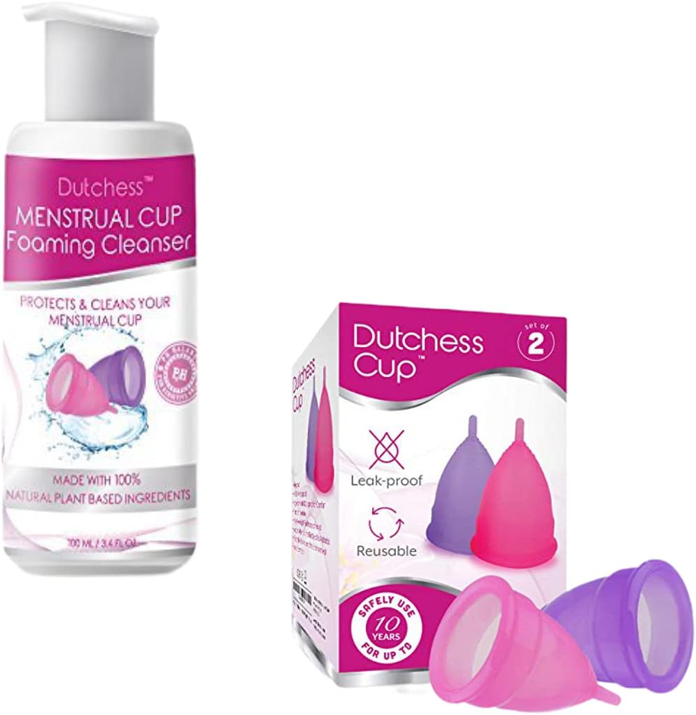 DUTCHESS Menstrual Cups - Set of 2 Reusable, Soft Silicone Period Cups - Pink & Purple, Large (A) & Foaming Wash (3.4 oz) Bundle