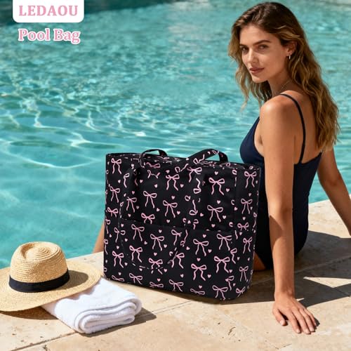 Image of LEDAOU Large Beach Bag Women Waterproof Sandproof Zipper Beach Tote Pool Bag for Swim Gym Grocery Travel with Wet Pocket