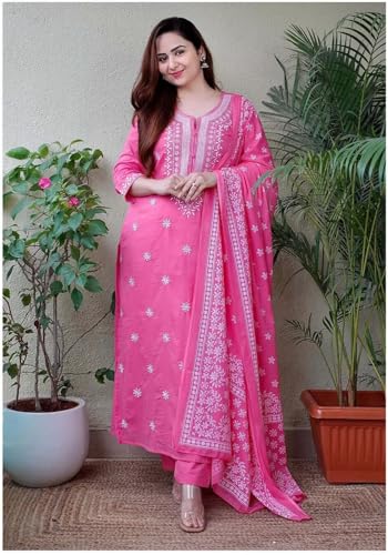 Image of Royal Export Women's Viscose Floral Embroidered Straight Kurta Pant with Dupatta Set | Kurta Sets for Women