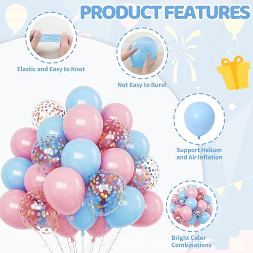 Image of Funhot Pink and Blue Balloon Set, 60PCS Gender Reveal Balloons, 12Inch Pastel Pink Blue Latex Balloons Confetti Balloons for Boys or Girls Birthday Baby Shower Wedding Gender Reveal Party Decorations