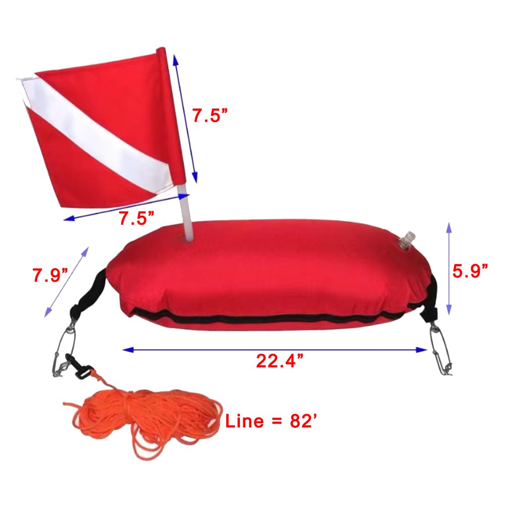 22.5x8x6 Spearfishing Float - High-Visibility Dive Buoy with Red & White Flag, 1680D Nylon Polyurethane (PU) Coated Cover, PVC Bladder, Shark Clip Attachment Points - Safety Marker Buoy for Divers