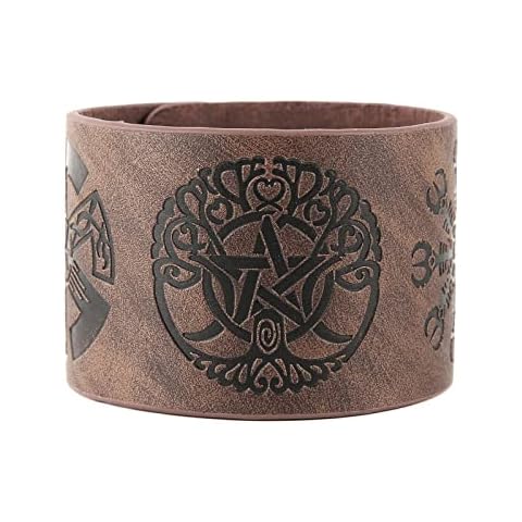 HZMAN Brown Viking Leather Bracelet for Men Punk Wide Cuff Bracelet Tree of Life Slavic Sun Wheel Aegishjalmr Pattern Wristlet 7.5"-8.5", Adjustable, Metal, no gemstone Cover