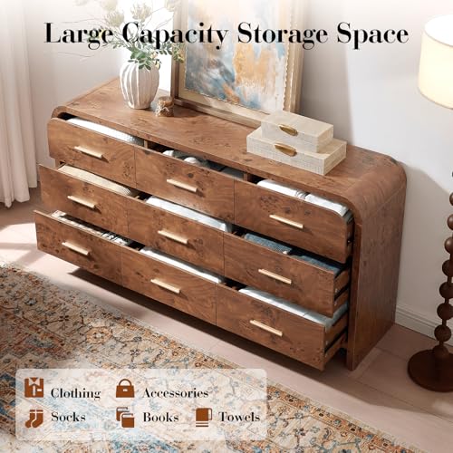 Image of Curved Drawer Dresser for Bedroom with 9 Drawers, 63'' Wide Chest of Drawer