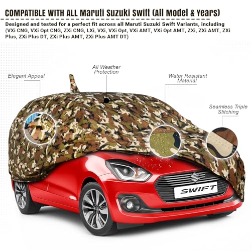 Image of Pivalo Car Body Cover for Maruti Swift All Model & Years (2005-2024) 100% Waterproof with Mirror & Antenna Pocket Triple Stitched Dustproof Heat Resistant UV Protection (Military /Jungle /Camouflage)