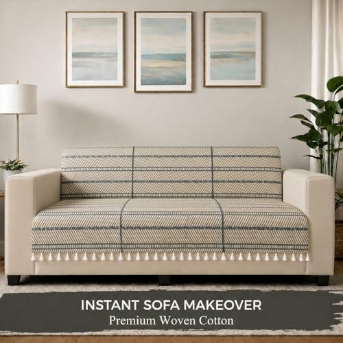 Image of STITCHNEST 'Frostvine Collection' 1 Seater Sofa Cover - Full Coverage| Cotton Quilted Fabric, Decorative Tassels, Washable & Durable for Modern Living