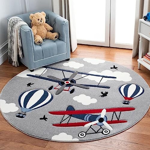 Sedefen Teppich Rund 100cm Kinderzimmer Jungen Flugzeug Grau Kinderteppich Waschmaschinenfest...