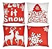 Fundas de Almohada Navideñas en Rojo y Beige, Fundas de Lino con Patrón de Árbol de Navidad de Renos, con Invisibles Cremallera de 45 x 45 cm, Aptas para Sofá, Silla para Navidad