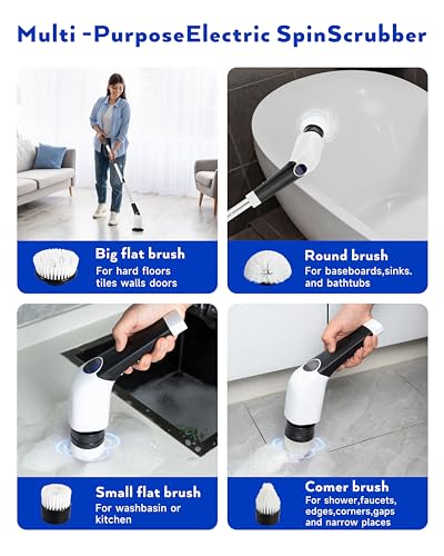 Image of Electric Spin Scrubber, 3-Speed Cordless Shower Scrubber with 8 Replaceable Brush Heads, Long Adjustable Handle for Bathroom, Tub & More