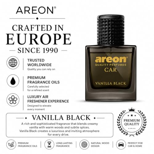 Image of AREON MCP08 Vanilla Black Car Perfume Spray - 1.7 Fl Oz Glass Bottle Air Freshener - Long-Lasting Fragrance for Car Interior - Premium Auto Air Freshener - Elegant Scent (50ml)