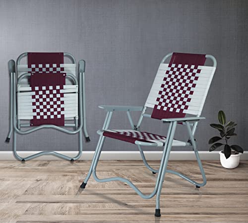Image of ARTEMIST Foldable Stripe Chair with Arm Rest Portable Chair with Durable Folding Frame, Ideal for Garden, Patio, Lawn, Balcony (Maroon,Chromium Steel)
