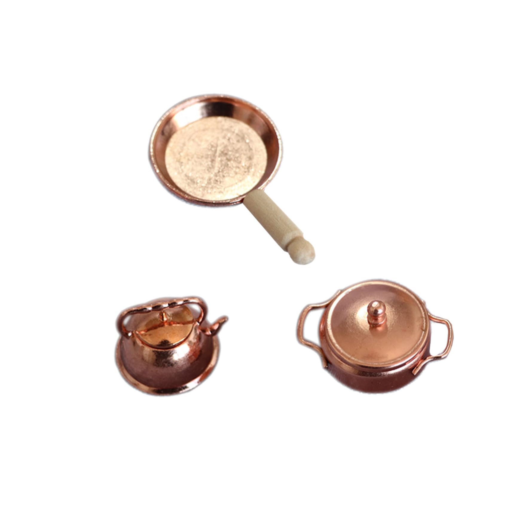 Abaodam 3pcs Miniature Kitchen Set 1:12 Scale Pot Pan Kettle for Dollhouse Decor Alloy Material Fairy House Decoration