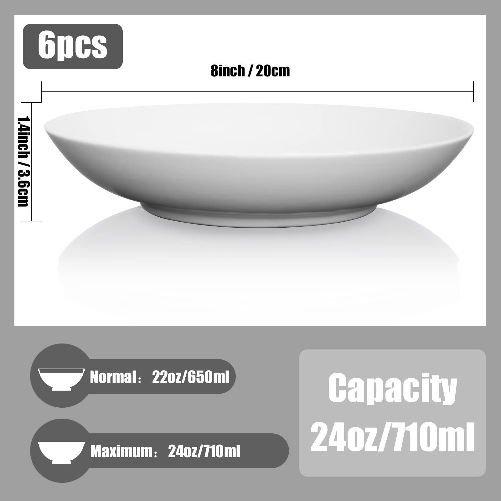 Zestaw głębokich talerzy, 6 sztuk, ceramiczne talerze do makaronu, talerze do zupy, talerze do sałatek, białe porcelanowe talerze obiadowe do spaghetti, śniadania, obiadu, kolacji, kuchenki