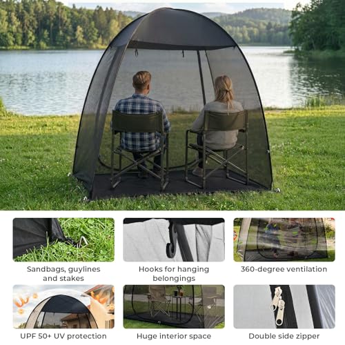 Image of Alvantor Pop Up Screen House Tent 7x4 FT, Snap-fit Black Mesh Screen Gazebo with Peaked Roof, Portable Screen Room Canopy Shelter with Sunshade & Sandbags for Camping, Backyard, Picnic