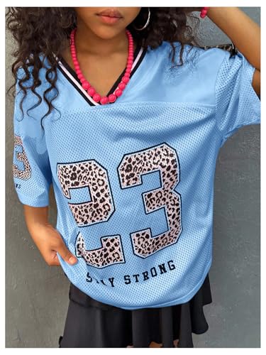 Image of BEAUDRM Girl's Jersey Shirts Leopard Number Print Jersey Shirt Cheetah V Neck Half Sleeve Oversized Tee Tops