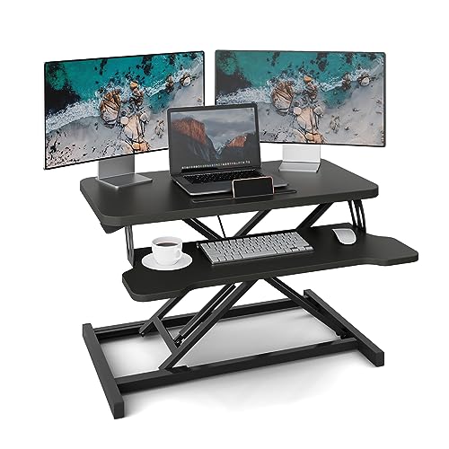 EAQ Standing Desk Converter,Dual Monitor Height Adjustable 81cm Standing Desk Sit to Stand Riser Converter Workstation with Wide Keyboard Tray