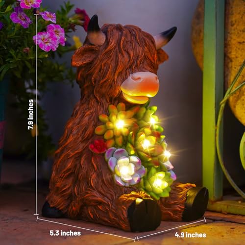 Estatua solar vaca Highland para jardín con luz LED miniatura 4