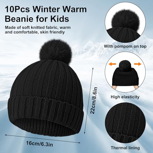 Image of JaGely Kids Beanie and Glove Set Winter Snow Warm Hat and Gloves Unisex Knit Hat with Pompom Full Fingers Ski for Boys Girls