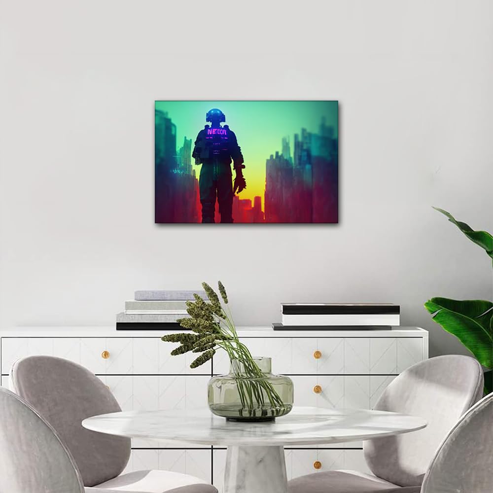 Canvas Wall Art Cyberpunk Soldier City Patrol Pictures Cyberpunk City Paintings for Living Room Premium Quality Artwork Bedroom Home Decorations Framed Posters and Prints Ready to Hang 24x16 in - Image 4