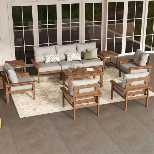 Teak HDPE Outdoor Patio Furniture Set, 10-Piece Patio Conversation Set with 3-Seat Sofa, 4...